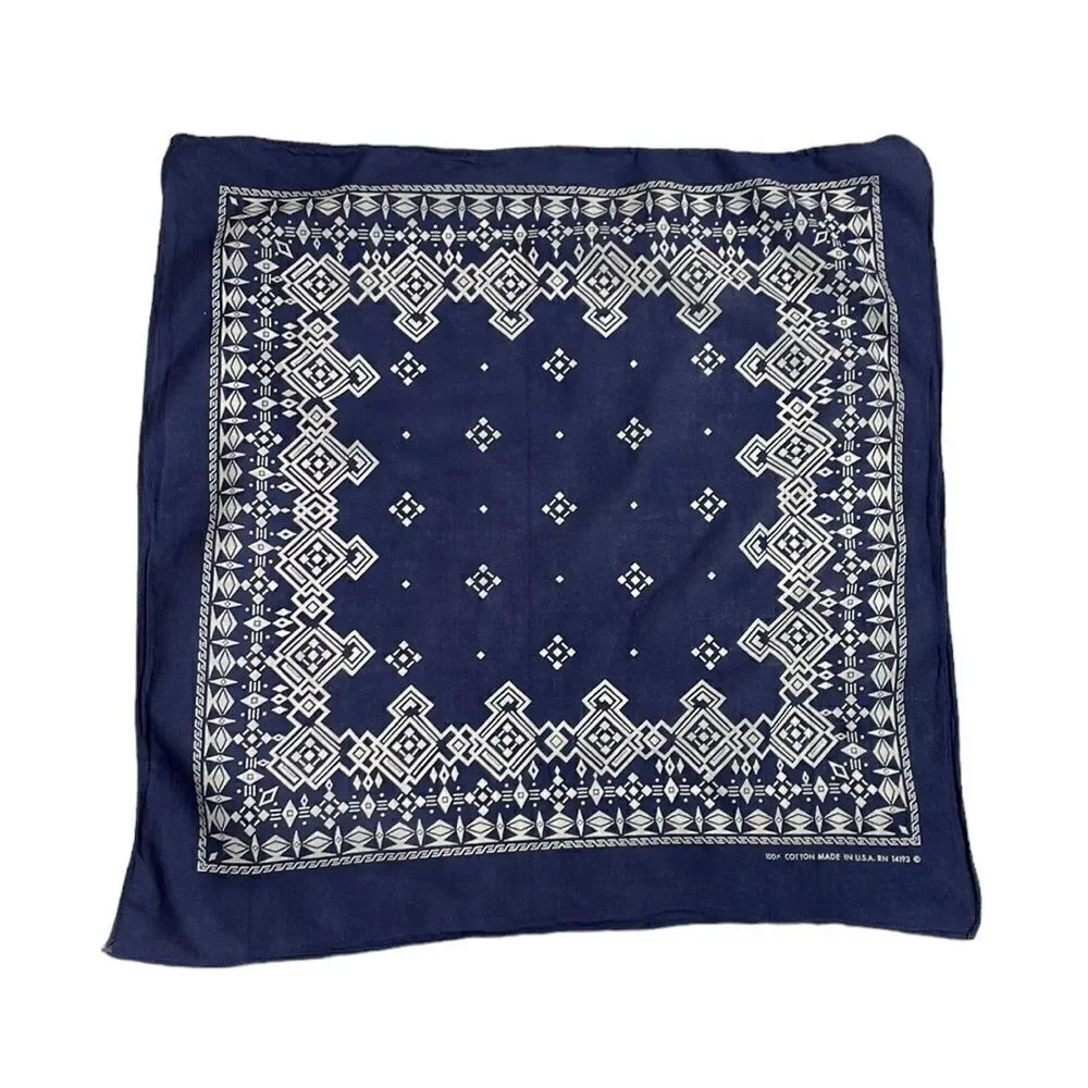 Vintage blue and white geometric print bandanna rn 14193 made in the USA